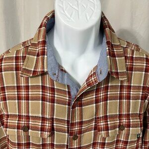 Marmot Men's tan, orange & white plaid long sleeve flannel performance shirt XL